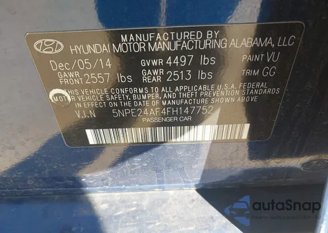 2015 Hyundai Sonata Se z USA, uszkodzony, nr VIN 5NPE24AF4FH147752